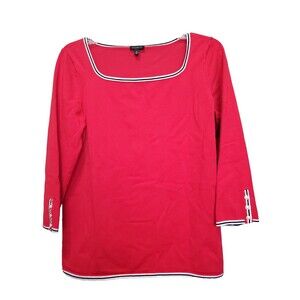 Talbots Red Viscose Blend Square Neck 3/4 Sleeve Tipped Button-Cuff Sweater MED